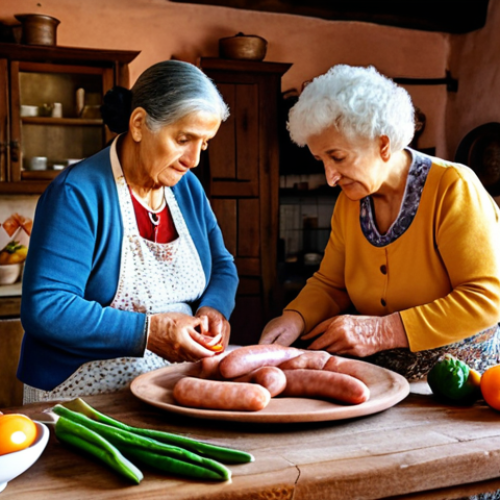Home 15 **A rustic Portuguese kitchen. An elderly woman, *avó* (grandmother), teaches a young adult how to cook. Fresh, seasonal ingredients are displayed: fish, vegetables, *enchidos* (sausages), and cheese. Warm, inviting light.**