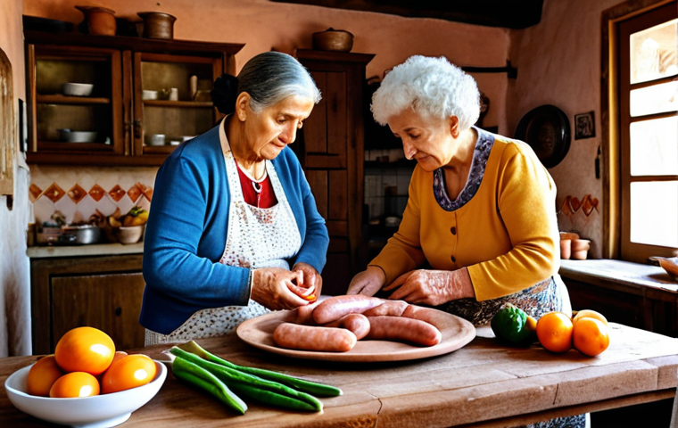 **A rustic Portuguese kitchen. An elderly woman, *avó* (grandmother), teaches a young adult how to cook. Fresh, seasonal ingredients are displayed: fish, vegetables, *enchidos* (sausages), and cheese. Warm, inviting light.**