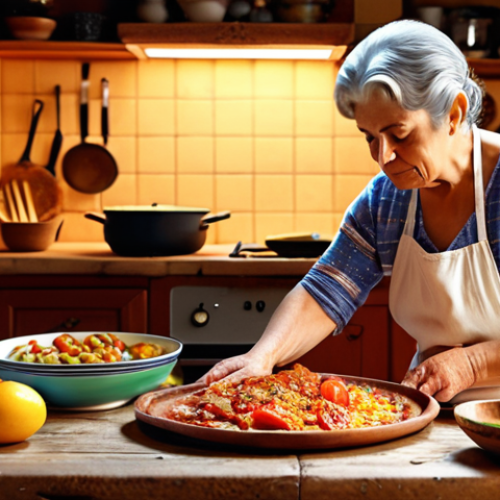 Home 14 **A cozy Portuguese kitchen scene. In the foreground, a grandmother (Avó) lovingly teaches her granddaughter how to prepare a traditional dish. Fresh, colorful ingredients are scattered across a rustic wooden table. Warm lighting, emphasizing the heritage and family traditions of Portuguese cooking.**