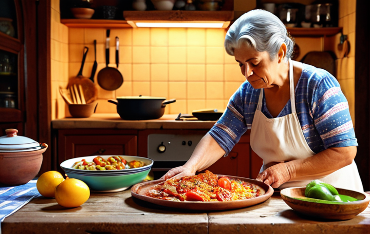 **A cozy Portuguese kitchen scene. In the foreground, a grandmother (Avó) lovingly teaches her granddaughter how to prepare a traditional dish. Fresh, colorful ingredients are scattered across a rustic wooden table. Warm lighting, emphasizing the heritage and family traditions of Portuguese cooking.**