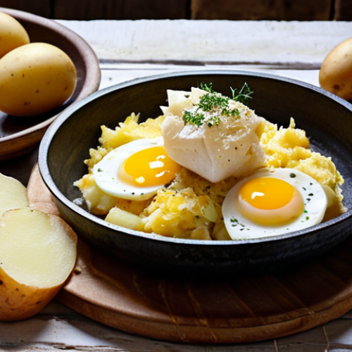 Home 7 **
"A beautifully plated dish of *Bacalhau à Brás* (shredded salt cod with eggs and potatoes) presented in a rustic setting. Capture the textures of the ingredients and the warm, inviting colors. Focus on the authenticity and traditional preparation."
**