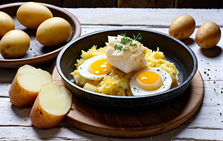 **
"A beautifully plated dish of *Bacalhau à Brás* (shredded salt cod with eggs and potatoes) presented in a rustic setting. Capture the textures of the ingredients and the warm, inviting colors. Focus on the authenticity and traditional preparation."
**