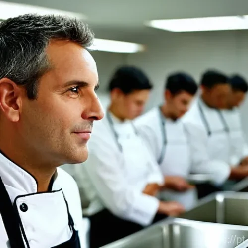 Home 26 전통음식조리사의 강사로 전환하기 - **A Chef's Contemplative Journey to Mentorship:**
A professional, clean-shaven male chef, around...