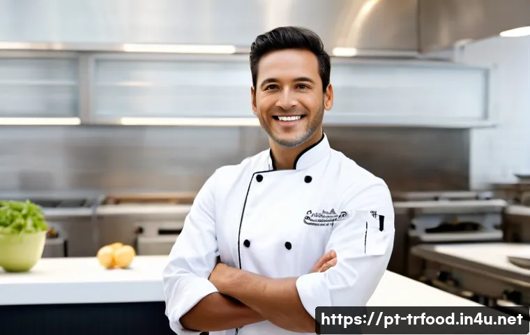 전통음식조리사 국가별 자격증 비교 - **Prompt:** A successful chef, male or female, in their mid-30s, standing confidently in a bright, m...