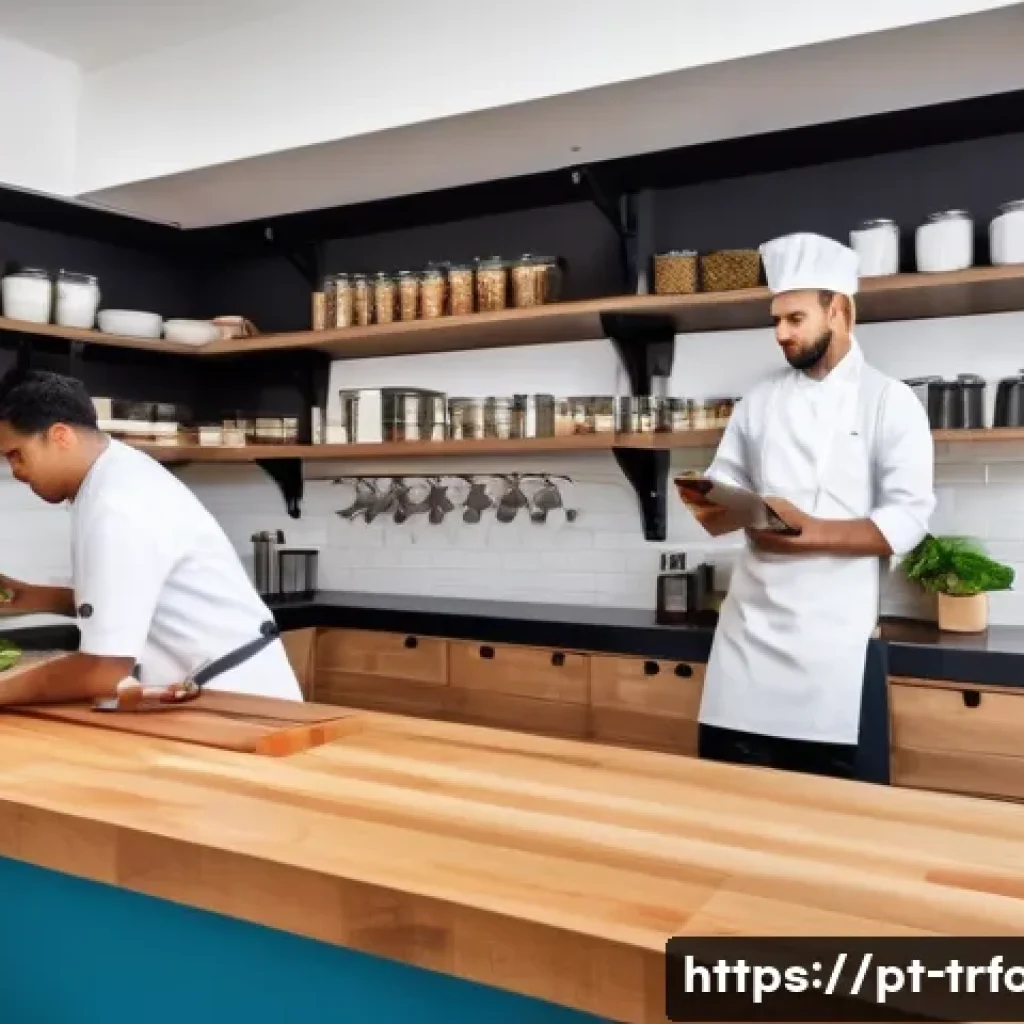 전통음식조리사의 작업 환경 개선 아이디어 - A bright, spacious traditional kitchen designed for professional chefs, featuring wide countertops m...