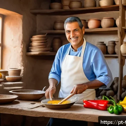 Home 15 전통음식조리사 직업 만족도 조사 - A traditional Brazilian chef in a rustic kitchen setting, wearing a white apron and modest clothing,...