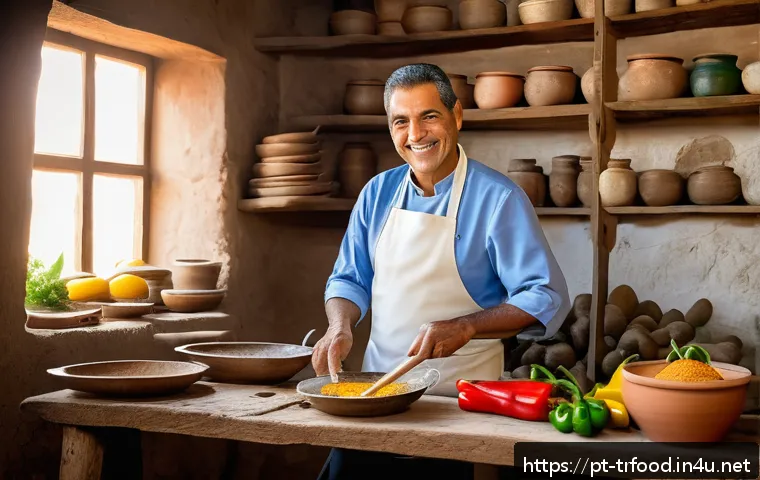 전통음식조리사 직업 만족도 조사 - A traditional Brazilian chef in a rustic kitchen setting, wearing a white apron and modest clothing,...